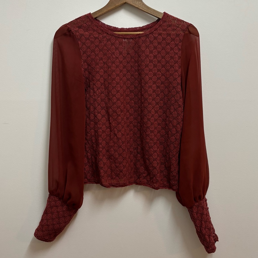 Free People Burgundy Blouse with Sheer Sleeves